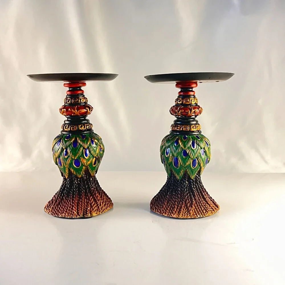 Pair of Vintage Peacock Feather Candle Holders Painted Resin Pillar Stand Decor